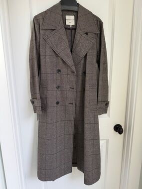 Bagatelle Brown Gray Plaid Double-Breasted Trench Coat